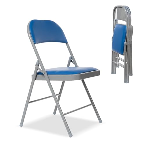 Generisch 4er-Pack Klappstühle mit gepolsterten Sitzen, gepolsterter Klappstuhl mit Stahlrahmen für Veranstaltungen im Home Office, Klappstuhl aus Pu-Leder, blau