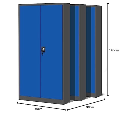 Jan Nowak 3er Set Aktenschrank C001H Büroschrank Metallschrank Stahlschrank Werkzeugschrank Stahlblech Pulverbeschichtet Flügeltürschrank Abschließbar 195 cm x 90 cm x 40 cm (anthrazit/blau)