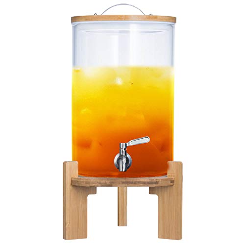 Getränkespender mit tropfsicheren Zapfhahn aus Edelstahl Wasserspender aus Glas mit Bambus Ständer und Deckel Limonadenspender aus hitzebeständigen Borasilikatglas (8 Liter)