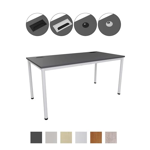 Eigentlich Konferenztisch 140x80 cm mit Buche-Kabeldurchlass Ø60 mm Schwarz, Lichtgraues Gestell und Melaminharzplatte
