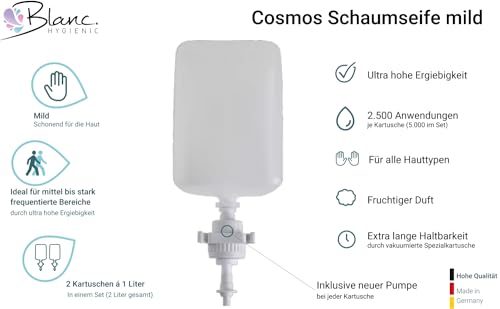 Blanc HYGIENIC Schaumseifen-Spender Cosmos– Seifenspender mit Sensor für Wand-Montage und 2 x 1 Liter Handseife, ergiebige Seife für ca. 7500 Anwendungen, Blau und Weiß
