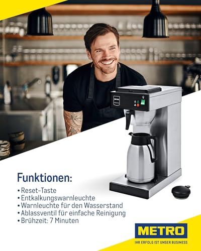 METRO Professional Kaffeemaschine GCA 2101, Edelstahl, 21.5 x 41.5 x 52 cm, 2.3 L (Wassertank), 2000W, mit Thermoskanne (2 L), 100 x Papierfilter, Temperaturbereich: 30-98°C, silber