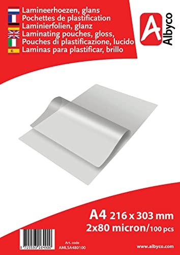 Albyco - Laminierfolien A4 Qualität 160 Mikron (2x80 Mikron) - 100 Stück - Folien A4 Glänzend, Laminiertaschen - Laminierfolie - Transparent
