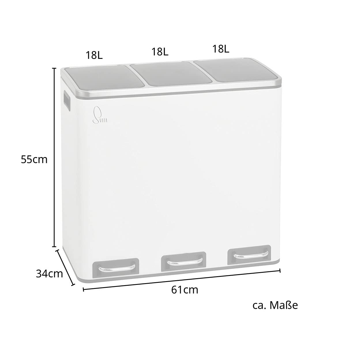 SVITA TM3X18 Mülleimer mit 3 Fächern Papierkorb 54L Treteimer Abfalleimer Recycling Mülltrennung 3 x 18 Liter pulverbeschichteter Stahl Weiß mit Griffen