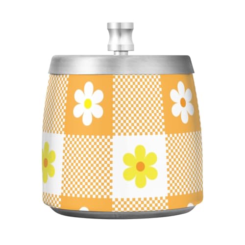 Orange Buffalo Plaid Schottenkaro Schottland Blume Edelstahl Outdoor Aschenbecher mit Deckel für Home Office Outdoor Balkon Einzigartiger rauchfreier Tisch Zigarette Aschenbecher für Zigarettenraucher