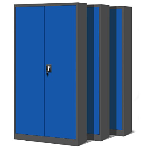 Jan Nowak 3er Set Aktenschrank C001H Büroschrank Metallschrank Stahlschrank Werkzeugschrank Stahlblech Pulverbeschichtet Flügeltürschrank Abschließbar 195 cm x 90 cm x 40 cm (anthrazit/blau)