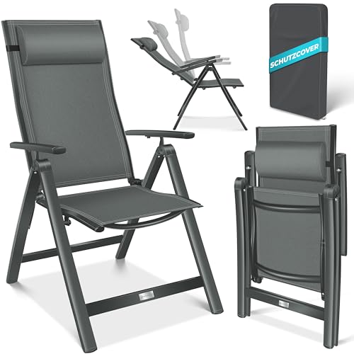 KESSER® Gartenstuhl Hochlehner mit Armlehnen Aluminium Klappstuhl mit Kopfkissen & Cover Campingstuhl 7-Fach Verstellbar Rückenlehne Atmungsaktiv & Wetterfest Klappbar & Anti-Rutsch Anthrazit