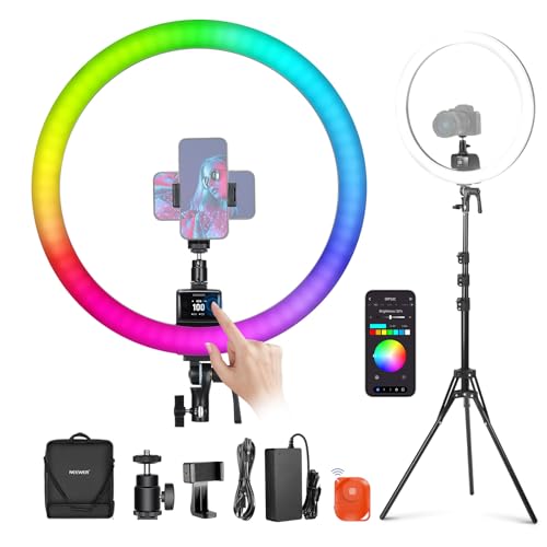 NEEWER SRP18C RGB LED Ringlicht Set ultraschlank App Steuerung mit umkehrbarem Licht Ständer, Telefonhalter, Kugelkopf, 2500K–10000K, CRI 95+/TLCI 97, 3700Lux/0,5m 18 Szenen für TikTok/Make up/Gaming