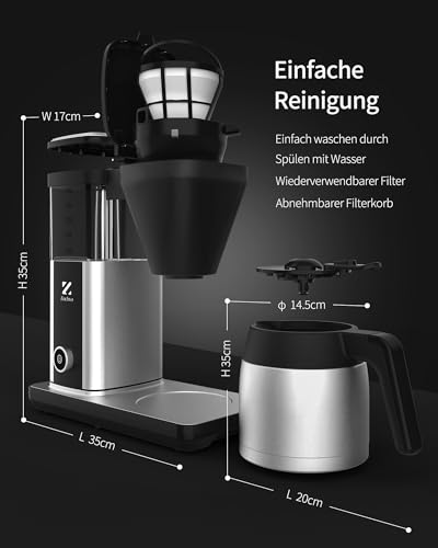ZACHVO Filterkaffeemaschine mit 1.25L thermoskanne, kaffeemaschine für bis zu 10 Tassen, Permanentfilter, Fropf Stopp, Auto Abschaltung, BPA frei, 4,5 Minuten schnelle Kaffeezubereitung, 1550W