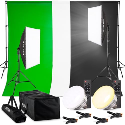 PIXETOOL Fotostudio Set - Greenscreen (1,8 x 2,8 m) mit Ständer (2 x 2 m) - Softbox mit Lampen Set - Green Screen Fotohintergrund - Reflektor - Studiolicht Fotolampe - Streaming Fotografie Hintergrund
