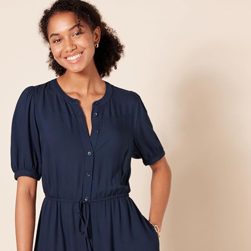 Amazon Essentials Damen Tailliertes A-Linien-Midikleid mit halblangen Ärmeln in lockerer Passform, Marineblau, L