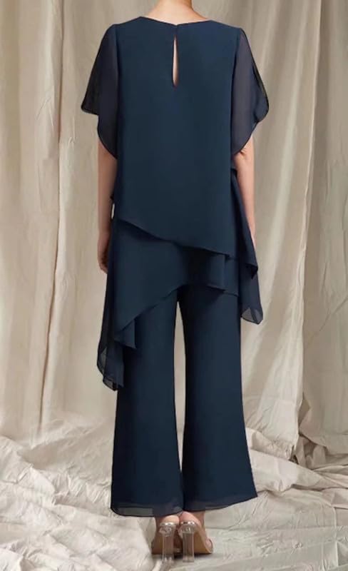 JAEDEN 2 Teilig Hosenanzug für Brautmutter Chiffon Festliche Hosenanzüge Schlicht Hochzeitsgast Hosen Set Marineblau 42