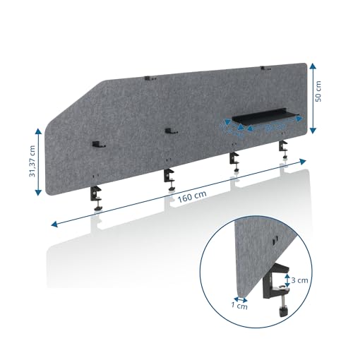 hjh OFFICE Akustik Tischtrennwand FLEXMIUT T TOP 50 x 160 cm Stoff Sichtschutz Schreibtisch, als Eck- oder Front-Trennwand nutzbar, Grau, 891015