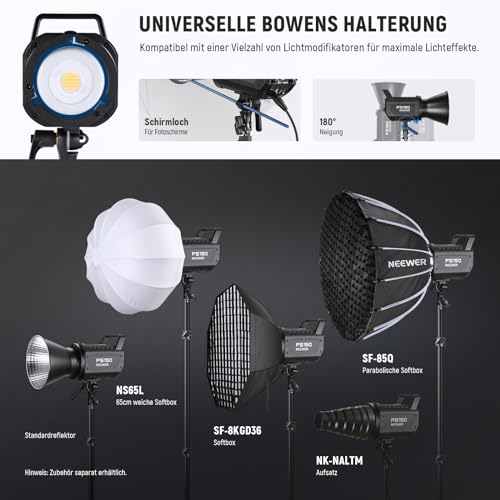 NEEWER COB LED Videoleuchte, 2,4G/APP Steuerung, 5600K Tageslicht, Dauerlicht mit Bowens Halterung, 