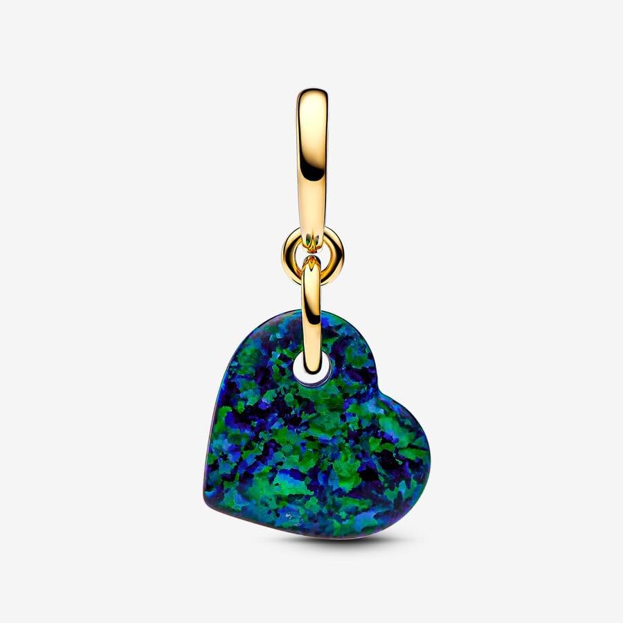 PANDORA Moments Schillerndes Grünes Herz Charm-Anhänger aus Sterling Silber mit vergoldeter Metalllegierung und künstlichem Opal, Kompatibel Moments Armbändern, 763348C01