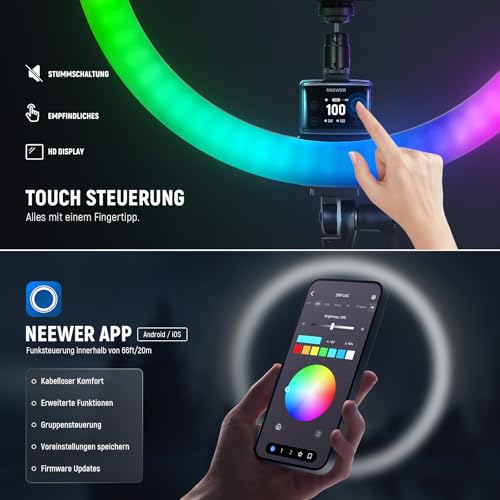 NEEWER SRP18C RGB LED Ringlicht Set ultraschlank App Steuerung mit umkehrbarem Licht Ständer, Telefonhalter, Kugelkopf, 2500K–10000K, CRI 95+/TLCI 97, 3700Lux/0,5m 18 Szenen für TikTok/Make up/Gaming