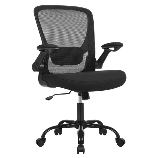 SONGMICS Bürostuhl, Schreibtischstuhl, Drehstuhl mit Netzbespannung, ergonomisch, gepolsterte Lendenstütze, Wippfunktion, 53 cm große Sitzfläche, klappbare Armlehnen, schwarz OBN37BK