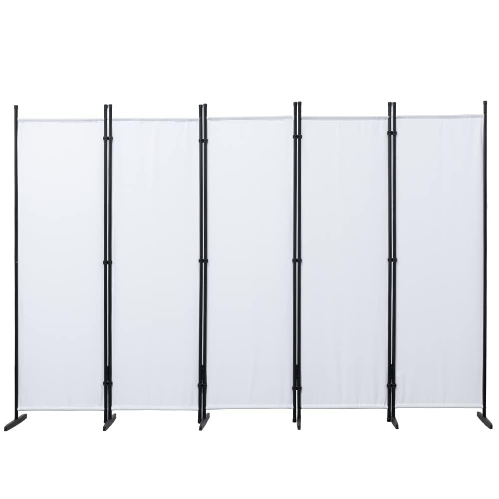 Mingone Raumteiler Trennwand Paravent 5-TLG. Sichtschutz Faltbar mit Metallrahmen Polyester-Mischgewebe für Wohnzimmer, Schlafzimmer, Küche, Büro, Balkon, Garten, Weiß, 250x176cm