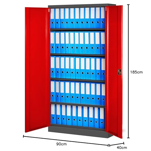 Jan Nowak Metallschrank Jan 185 x 90 x 40 cm - Metall Aktenschrank Abschließbar mit 2 Türen, Mehrzweckschrank mit 5 Ebenen, Büroschrank aus Stahlschrank mit Pulverbeschichtung - Anthrazit-Rot
