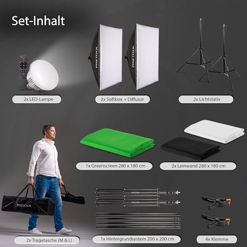 PIXETOOL Fotostudio Set - Greenscreen (1,8 x 2,8 m) mit Ständer (2 x 2 m) - Softbox mit Lampen Set - Green Screen Fotohintergrund - Reflektor - Studiolicht Fotolampe - Streaming Fotografie Hintergrund