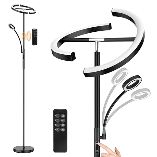 ANTENLICHT KAKA|Stehlampe LED Dimmbar|Schwarz Stehleuchte 20W mit flexibler 7W Leselampe| Modern deckenfluter mit fernbedienung mit 4 Farbtemperatur für Wohnzimmer, Schlafzimmer, Büro, Hotel