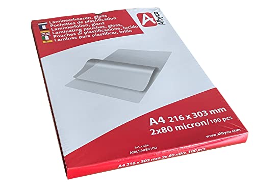 Albyco - Laminierfolien A4 Qualität 160 Mikron (2x80 Mikron) - 100 Stück - Folien A4 Glänzend, Laminiertaschen - Laminierfolie - Transparent