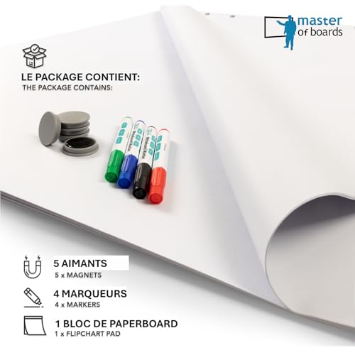Master of Boards Flipchart Papier Zubehör-Set - Papier blanko Block mit 20 Blatt, 4 Marker Stifte, 5