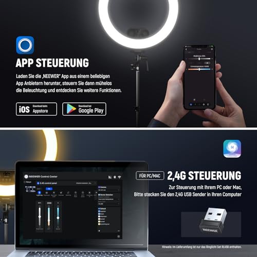 NEEWER 18" Ringlicht Set mit Randbeleuchtung, 45W 3300Lux 2900K-7000K 12 Szenen Ringleuchte mit APP 2,4G PC Mac Steuerung, Fernbedienung, Stativtasche für Make up, TikTok, Ins, Live Stream, RL45B