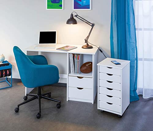 Inter Link – Rollcontainer – Rollcontainer mit 6 Schubladen – Bürocontainer - Rollschrank – Rollwagen – Schubladenkommode - Massiv Kieferholz – Weiß Lackiert - 35 x 40 x 65 cm - Simon