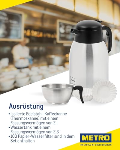 METRO Professional Kaffeemaschine GCA 2101, Edelstahl, 21.5 x 41.5 x 52 cm, 2.3 L (Wassertank), 2000W, mit Thermoskanne (2 L), 100 x Papierfilter, Temperaturbereich: 30-98°C, silber