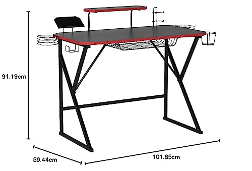 Amazon Basics – Gaming-Computertisch mit Aufbewahrung für Controller, Kopfhörer und Lautsprecher, rot