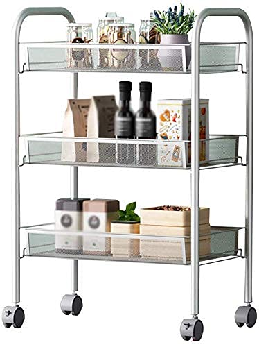 MHBGX Multifunktionaler Vorratswagen,Getränke-Food-Service-Tablettwagen 3-Stufiger Mobiler Karbonstahl Mit Bremse Universalrad, Kapazität 10 Kg Pro Schicht Küchen-Lagerwagen Mehrzweck-Handwagen,Silbe