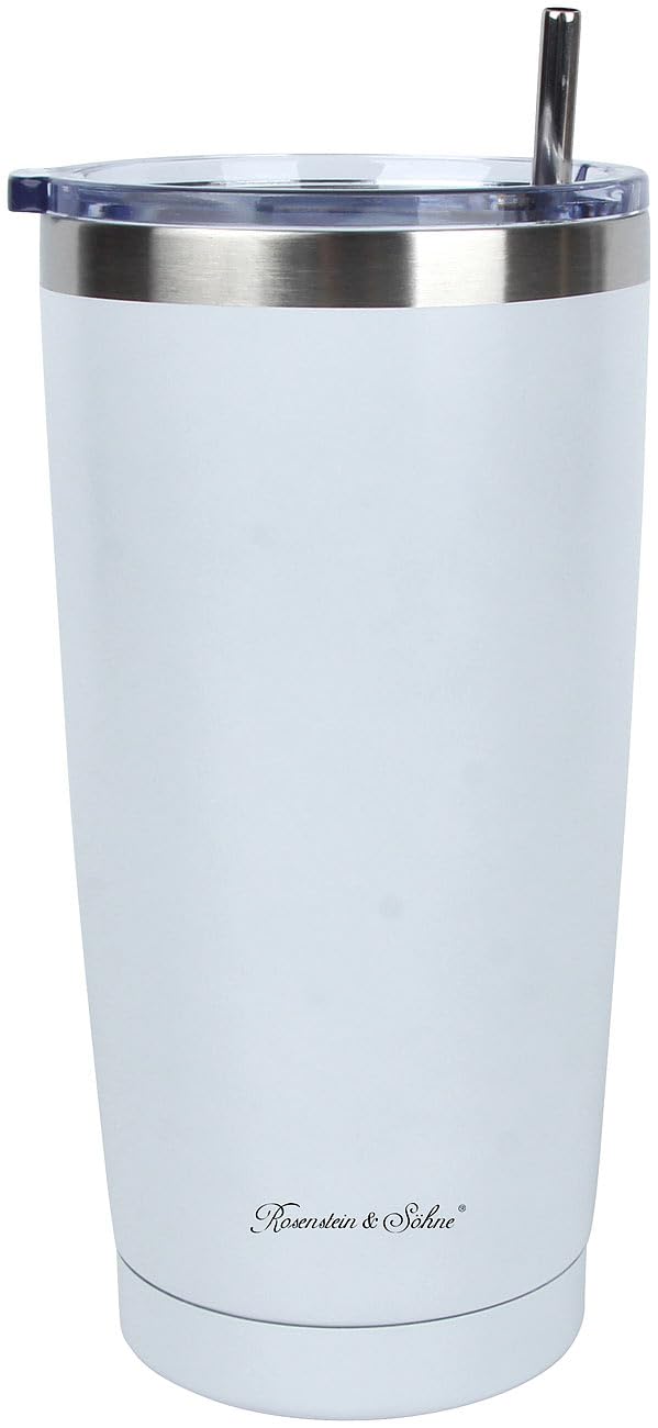 Rosenstein & Söhne Isolierbecher 600 ml – Edelstahl, Weiß, inkl. Deckel & Edelstahl-Strohhalmen