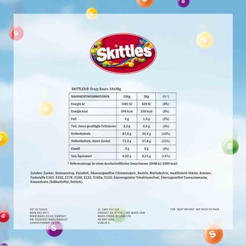 Skittles Crazy Sours Fruchtbonbons Großpackung, 14 x 38 g Saure Vegan Snacks, Regenbogen-Geschmäcker (532 g)