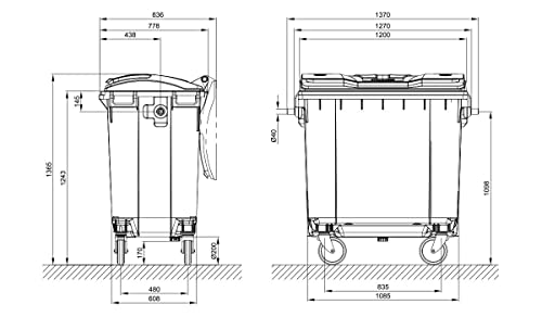 Bauer Müllcontainer mit 4 Rädern mit Flachdeckel, Müllgroßbehälter, Abfalltonne, Mülltonne, Volumen: 770 Liter, Farbe: Braun, Größe: 1 365 x 1 370 x 778 mm