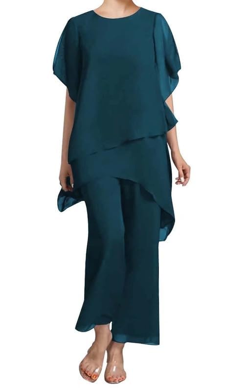 JAEDEN 2 Teilig Hosenanzug für Brautmutter Chiffon Festliche Hosenanzüge Schlicht Hochzeitsgast Hosen Set Marineblau 42