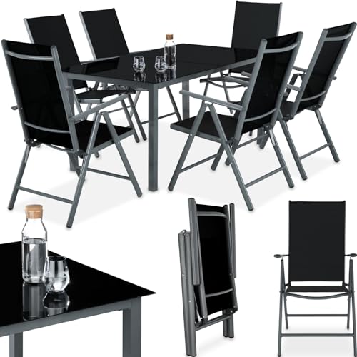 tectake® Sitzgarnitur Aluminium Klappstühle, Lounge Set mit 6X Stühle und 1x Glastisch Esstisch, Gartenmöbel Set wetterfest für den Balkon, Gartenstühle, Terrassenmöbel, Liegestuhl - anthrazit