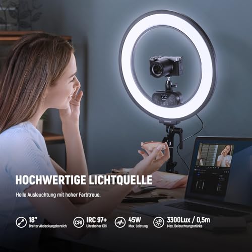 NEEWER 18" Ringlicht Set mit Randbeleuchtung, 45W 3300Lux 2900K-7000K 12 Szenen Ringleuchte mit APP 2,4G PC Mac Steuerung, Fernbedienung, Stativtasche für Make up, TikTok, Ins, Live Stream, RL45B