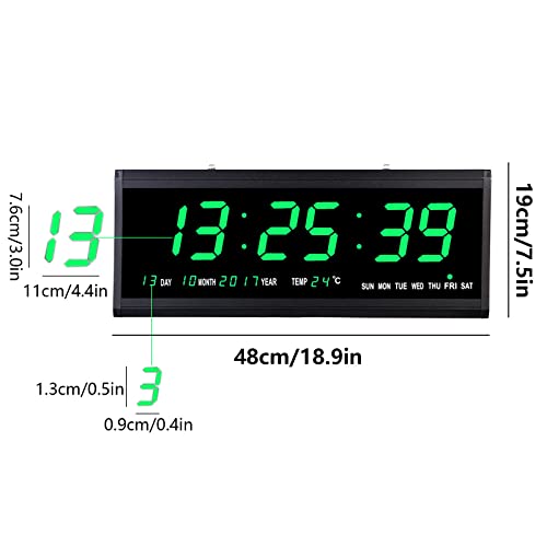 LNINNERY LED Digital Wanduhr 480 x 190 x 30 mm mit Thermometer Digitale Wanduhr für Zimmer Küche Büro (grün)