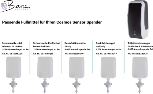 Blanc HYGIENIC Schaumseifen-Spender Cosmos– Seifenspender mit Sensor für Wand-Montage und 2 x 1 Liter Handseife, ergiebige Seife für ca. 7500 Anwendungen, Blau und Weiß