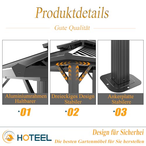 HOTEEL 3x3,65 m Hardtop Pavillon aus verzinktem Stahl & Alu-Rahmen Wasserdicht, Stabil, Winterfest mit Doppeldach Flammhemmend Moskitonetz Garten-Metallpavillon (Modell 2025)