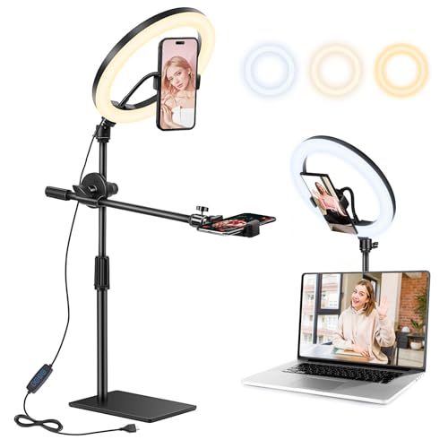 10 Zoll LED Ringlicht mit Stativ Handy, Overhead Stativ Handy mit Ringlicht, Dimmbare LED Tischringlicht für YouTube-Videoaufnahmen, Selfie, Makeup, Tik Tok, Fotografie Kompatibel mit Smartphone