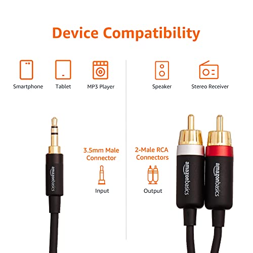 Amazon Basics 3,5 Aux auf 2 x RCA Adapter, Audiokabel für Verstärker, aktive Lautsprecher mit vergoldeten Steckern, 2.4 m, Schwarz