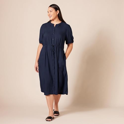 Amazon Essentials Damen Tailliertes A-Linien-Midikleid mit halblangen Ärmeln in lockerer Passform, Marineblau, L