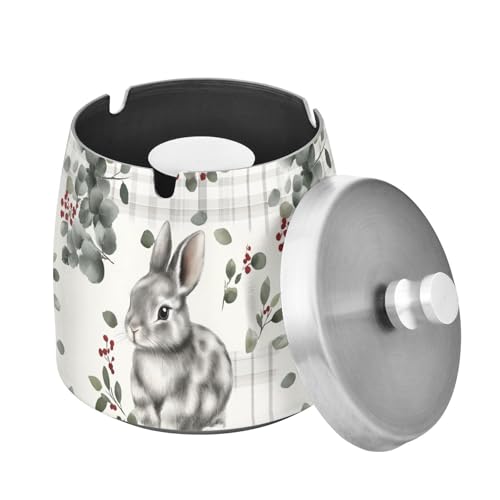Buffalo Plaid Kaninchen Eukalyptus Ostern Edelstahl Einzigartiger rauchfreier Aschenbecher mit Deckel für Zigaretten für Home Office Indoor Outdoor Zigarre Tisch Aschenbecher für Home Office Decor