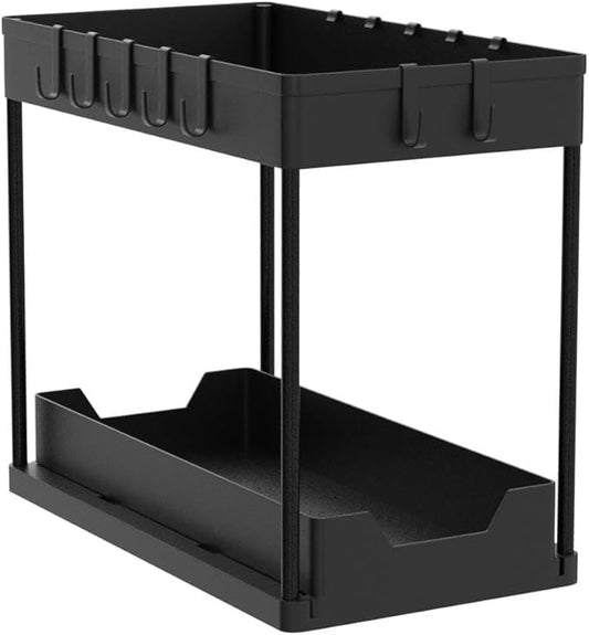 Meltrck Spülschrank Organizer - 2 Stück Unter Waschbecken Regal Organizer - Ausziehbares Lagerregal Organizer mit 16 Haken,Schwar