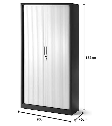 Jan Nowak Rollladenschrank Aktenschrank Büroschrank mit Rolltüren Metall Pulverbeschichtung 4 Einlegeböden 185 cm x 90 cm x 45 cm (Anthrazit-Weiß)