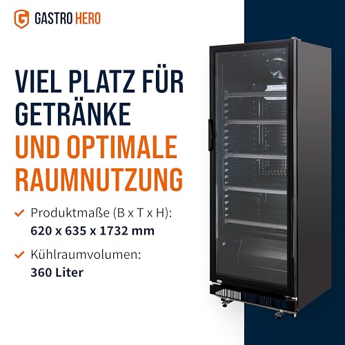 GastroHero Getränkekühlschrank GK-360BB für die Gastronomie, 4 verstellbare Einlegeböden, 360 Liter Kühlraumvolumen, Kühlschrank mit Glastür, Innenbeleuchtung, Abschließbar, Gastronomiebedarf, Schwarz