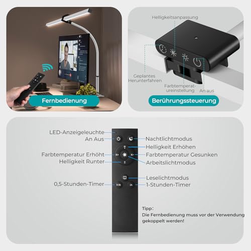 vatato Doppelkopf Schreibtischlampe LED, Dimmbar 24W 80CM Schreibtischlampe für Homeoffice, klemmbar Augenschutz Tageslichtlampe mit Fernbedienungen, 5 Farb 5 Helligkeit Büro Tischlampe (weiß)