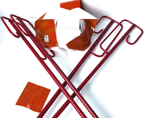 UvV Absperrleinenhalter Stahl Set Laterneneisen 1200 mm lang Ø14 mm mit UVV-Bügel und 1 Rolle (100m) Warnband/Absperrband (Rote Absperrung 8 Stück Set)